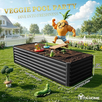 YITAHOME 6pcs 8x4x2 ft Galvanized Raised Garden Bed Kit, Large Metal Planter Box with Gloves, Safety Rubber & Support Rod, Outdoor Flower Bed for Plants Vegetables, Black