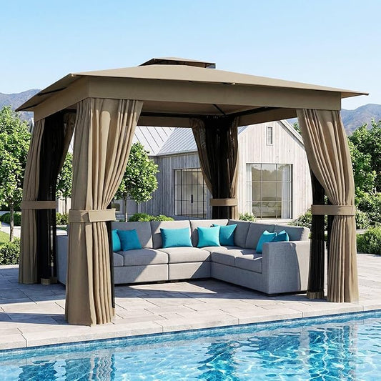 Outsunny 10' x 10' Outdoor Patio Gazebo, Heavy Duty Gazebo Canopy Shelter with Double Roof, Curtains, Netting, Steel Frame, UPF30+ Protection, Ceiling Hook for Lawn, Backyard, Deck, Khaki