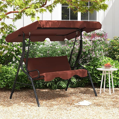 Tangkula 3 Person Porch Swing, Patio Swing with Removable Cushion & Powder-Coated Steel Frame, Outdoor Swing with Canopy for Porch, Backyard, Garden, Balcony (Coffee)