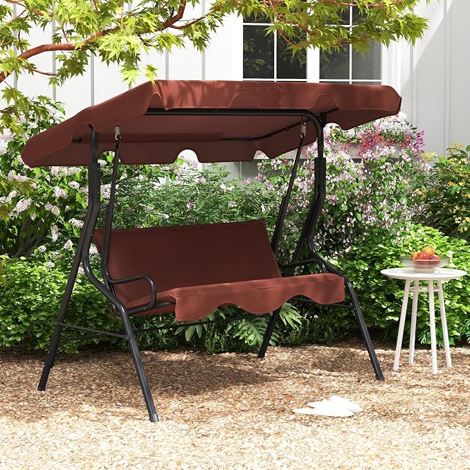 Porch Swing for Patio, 3-Person Brown with Adjustable Canopy