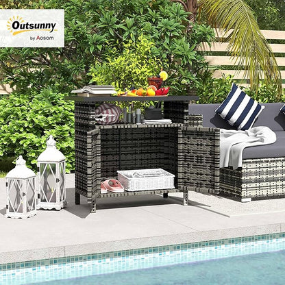 Outsunny Wicker Outdoor Storage Cabinet, Rattan Outdoor Bar Table with 2 Doors and Shelf, Outdoor Buffet Cabinet Sideboard with Metal Slatted Countertop for Poolside, Patio, Backyard, Mixed Gray