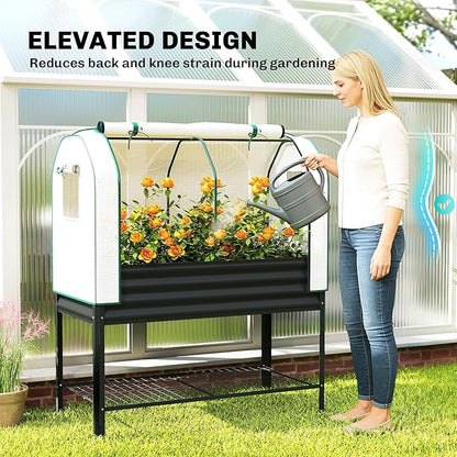 Outsunny Galvanised Raised Garden Bed with Greenhouse Cover, Metal Elevated Garden Bed with Legs, Bed Liner and Bottom Shelf, Outdoor Raised Planter Box for Vegetables, Herbs, Flowers, Black