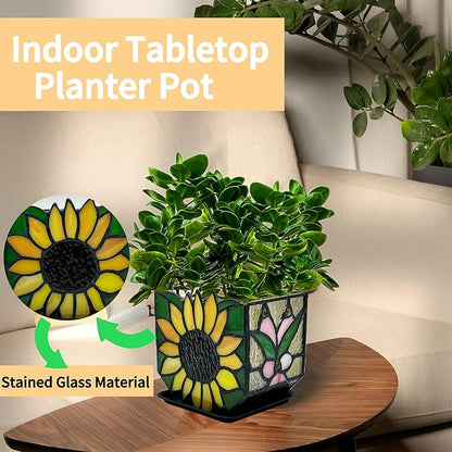 Stained Glass Sunflower Garden Planters,Indoor Plant Pots with Drainage,Unique Plant Pots for Dried Flowers,Sunflower Gifts,4.6 x 3 x 5.15 in