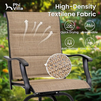 PHI VILLA Outdoor Bar Set with 4 Swivel Bar Height Patio Chairs, Wooden-Like Patio Bar Table and Chairs Furniture Set with Brown Padded Textilene Fabric for Outside, Garden and Deck