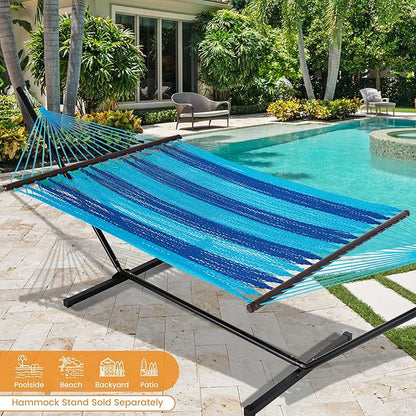 Lazy Daze Hammocks 10.5 FT Double 2 Person Caribbean Rope Hammock, Hand Woven Polyester Hammock with Spreader Bars, for Outside Outdoor Backyard Patio Poolside, 450 LBS Capacity, Blue/SkyBlue