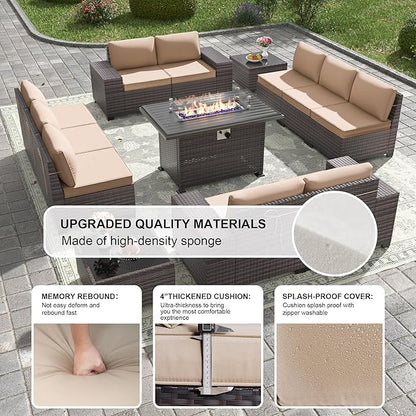 Kullavik 13 Pieces Outdoor Patio Furniture Set with 43" 55000BTU Gas Propane Fire Pit Table PE Wicker Rattan Sectional Sofa Patio Conversation Sets,Sand