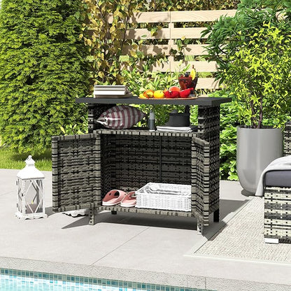 Outsunny Wicker Outdoor Storage Cabinet, Rattan Outdoor Bar Table with 2 Doors and Shelf, Outdoor Buffet Cabinet Sideboard with Metal Slatted Countertop for Poolside, Patio, Backyard, Mixed Gray