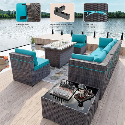 Kullavik 8 Pieces Outdoor Patio Furniture Set with 43" 55000BTU Gas Propane Fire Pit Table PE Wicker Rattan Sectional Sofa Patio Conversation Sets,Blue