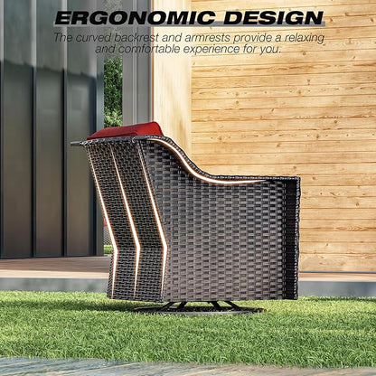 Joyside Wicker Patio Furniture Sets, 6 Pieces Upgraded Large Size Outdoor Furniture with Swivel Rocking Patio Chairs, Two 3-Seat Sofa, Outdoor Ottoman, Thick Cushions, Wide Armrest, Red