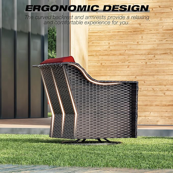 Joyside Wicker Patio Furniture Sets, 9 Pieces Upgraded Large Size Outdoor Furniture with 4 Swivel Rocking Patio Chairs, 3-Seat Sofa, Outdoor Ottoman, Thick Cushions, Wide Armrest, Red