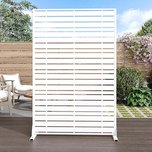 Casaphoria 72" H x 47" W Metal Privacy Screen, Outdoor Freestanding Decorative Divider for Patio, Deck, Balcony, and Garden with Stable Base, White-Adams