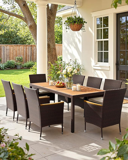 Flamaker 9 Piece Patio Dining Set Outdoor Acacia Wood Table and Chairs with Soft Cushions Wicker Patio Furniture for Deck, Backyard, Garden (Brown)