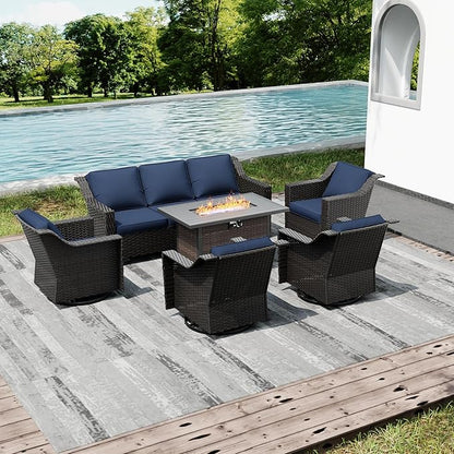 Joyside Wicker Patio Furniture Sets, 8 Pieces Upgraded Large Size Outdoor Furniture with 4 Swivel Rocking Patio Chairs, 3-Seat Sofa, Fire Table, Coffee Table, Thick Cushions, Wide Armrest, Blue
