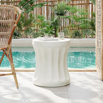 Christopher Knight Home Earleant Outdoor Side Table, Lightweight Concrete Garden Stool with Round top and Cinched Waist, Decorative Accent Table Patio End Table for Balcony Beach Pool, Antique White