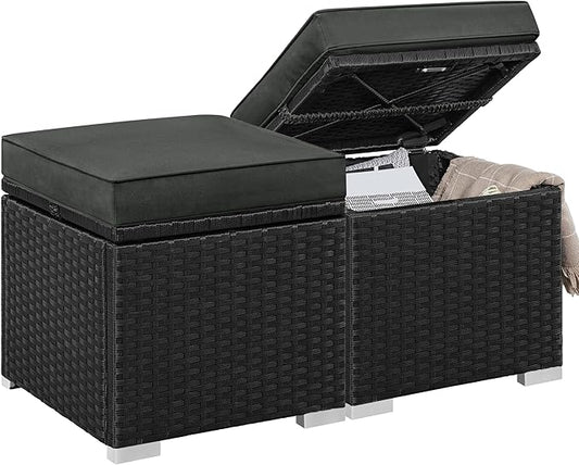 Yaheetech Wicker Ottomans, Set of 2 Patio PE Rattan Side Tables with Hidden Storage & Removable Cushion, Outdoor/Indoor Footstools, Additional Seating for Garden/Balcony/Yard, Black/Gray