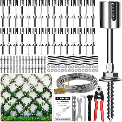 Wire Trellis for Climbing Plants Outdoor, 30-Set Wall Wire Trellis Kit with 1/8in x 150ft Stainless Steel Cable & Cutter, T316 Espalier System for Fence and Garden DIY Projects