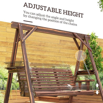 Outsunny 3 Seat Porch Swing with Stand, Wooden Patio Swing Chair with Side Tables and Metal Chains, Outdoor Swing Bench for Garden, Poolside, Backyard, Carbonized Brown