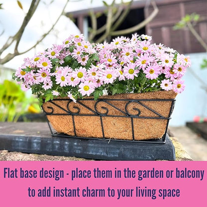 LaLaGreen Wall Mounted Planters - 16 Inch, 4 Pack Window Flower Boxes Basket Outdoor, Balcony Planter Over The Rail, Deck Railing Hanging with Coco Liners, Metal Horse Troughs Fence Patio Porch