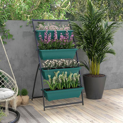 Outsunny Raised Garden Bed, 4 Tier Vertical Garden Planter Set, 4 Outdoor Planter Boxes with Stand, Self Draining Design Elevated Garden for Vegetable, Flowers & Herbs, Green