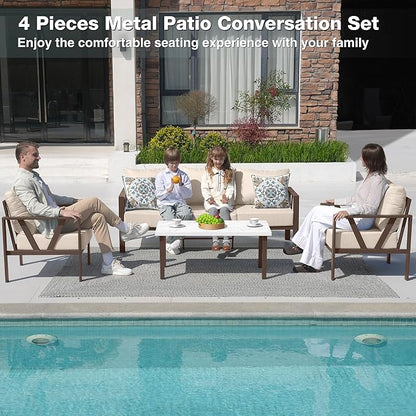 Outdoor Patio Furniture Set, 4 Pieces Metal Patio Furniture Set with Coffee Table, Modern Outdoor Patio Conversation Seating Set with 6” Thick Cushions, Upgrade Beige
