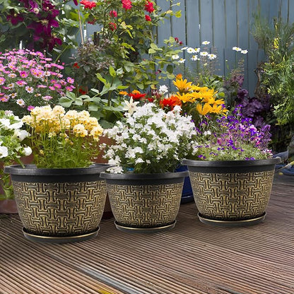 10 Inch Plant Pots, 4 Pack Flower Pots Outdoor with Drainage Holes & Trays, Retro Antique Imitation Decorative Garden Plastic Pots for Plants Indoor Sets for Houseplants