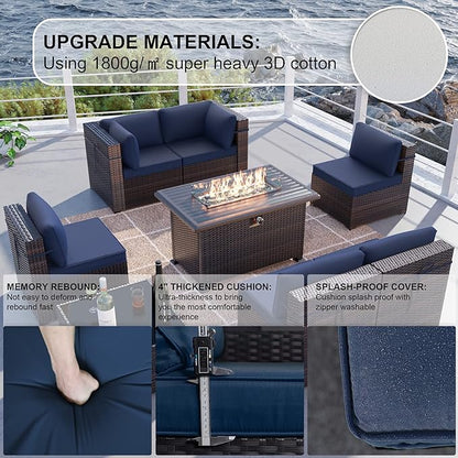 Kullavik 8 Pieces Outdoor Patio Furniture Set with 43" 55000BTU Gas Propane Fire Pit Table PE Wicker Rattan Sectional Sofa Patio Conversation Sets,Navy Blue