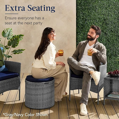 Best Choice Products Round Wicker Ottoman, Multipurpose Outdoor Furniture for Patio, Backyard, Additional Seating, Footrest, Side Table w/Storage, Removable Cushions – Brown/Red