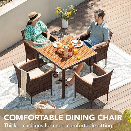Devoko 5 PCS Furniture, Patio Conversation Set with Acacia Wood Top, Rattan Outdoor Dining Table and Chairs for Backyard, Garden, Deck, Brown
