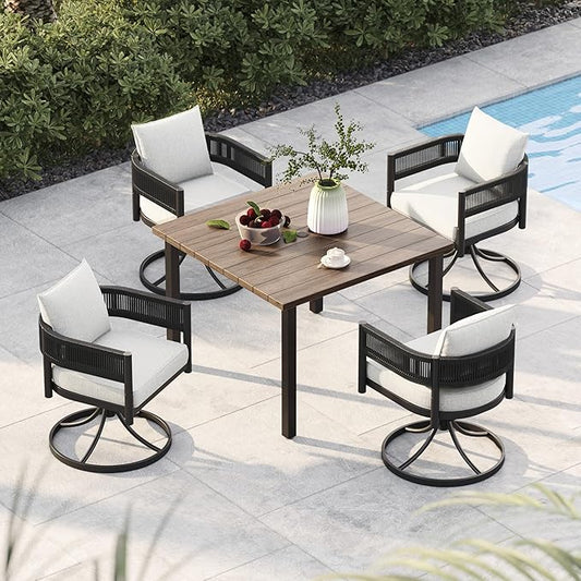 Grand patio 5-Piece Outdoor Dining Set for 4, Metal Woven Wicker Swivel Patio Chairs with Thickened Cushions & 1 Square Woodgrain Dining Table with Umbrella Hole for Backyard Deck (Black)