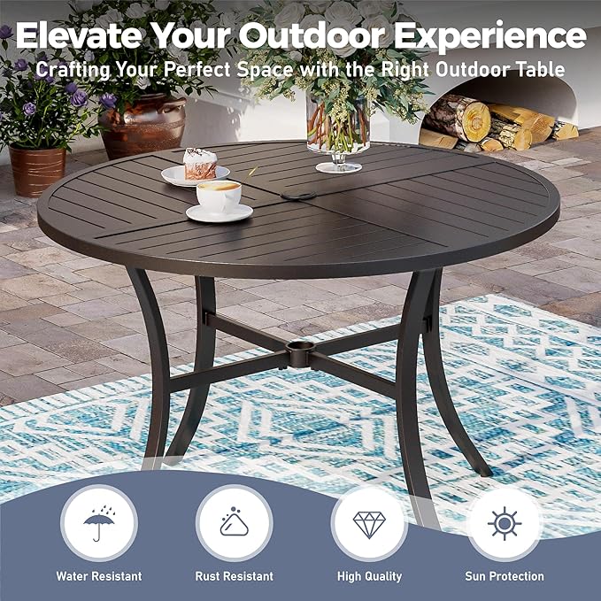 5 Piece Patio Dining Set for 4, 42" x 42" Round Metal Table with Umbrella Hole and 4 Brown Chairs, Outdoor Table and Chairs Set for Lawn Backyard and Deck