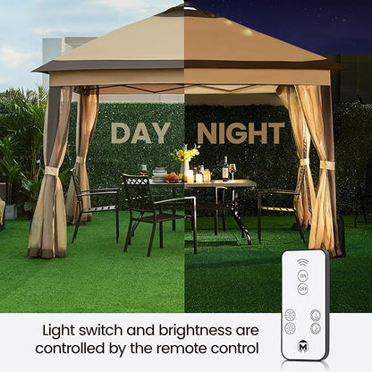 Yaheetech 11'x11' Pop Up Gazebo Instant Tent with 17 Solar LED Lights & Zippered Mesh Netting, Outdoor Shelter Sun Shade Gazebo with Sandbags for Backyard Garden Patio, Khaki & Brown