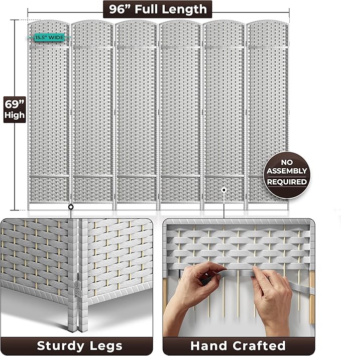Sorbus 6 Panel Room Divider 6 ft. Tall - Privacy Screen, Extra Wide Double Hinged Panels, Mesh Hand-Woven Design, Partition Room Dividers and Folding Privacy Screens, Wall Divider for Room Separation