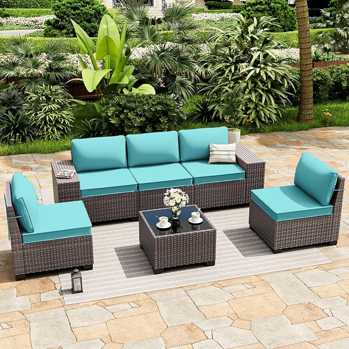 ALAULM 6 Pieces Patio Furniture Set, Oversized Seat/Armrest and High Back Wicker Sectional Furniture Set with Thick Cushion for Backyard, Garden, Red