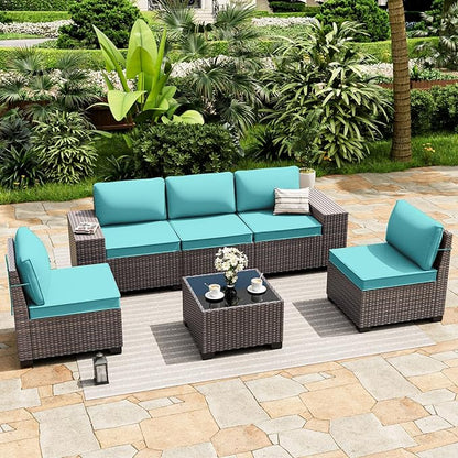 ALAULM 6 Pieces Patio Furniture Set, Oversized Seat/Armrest and High Back Wicker Sectional Furniture Set with Thick Cushion for Backyard, Garden, Red
