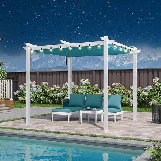 PURPLE LEAF 10' x 13' Aluminum Outdoor Pergola White Modern Grape Trellis Retractable Pergola with Double Sun Shade Canopy Metal Pergola with Light for Patios Backyard Deck Garden, Blue
