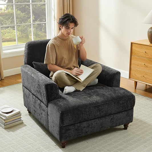 Chaise Lounge Chair Indoor with Adjustable Backrest, Upholstered Mid-Century Reading Chair, Oversized Accent Armchair for Living Room & Bedroom, Comfy Single Sofa Chair, Modern Living Room Chair