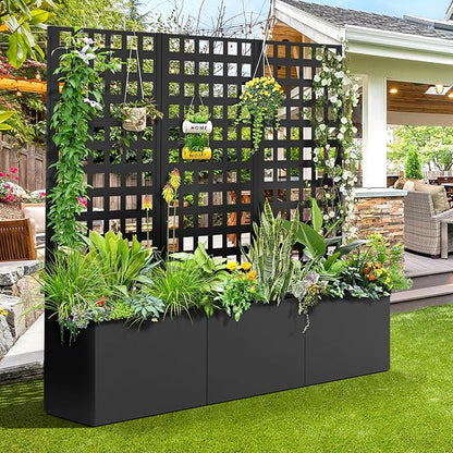 FENCY Metal Planter Box with Trellis, Planter Trellis for Climbing Plants Vegetable Vines, Trellis with Planter Box & Privacy Screen, Raised Garden Bed with Drainage Holes (23.6" L x 63" H/Lattice)