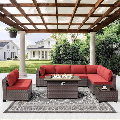ALAULM 10 Pieces Patio Furniture Set with Propane Fire Pit Table Outdoor Sectional Sofa Sets Patio Furniture 43" Gas Fire Pit Brown PE Rattan Patio Conversation Set w/8 Seat Cushions-Red