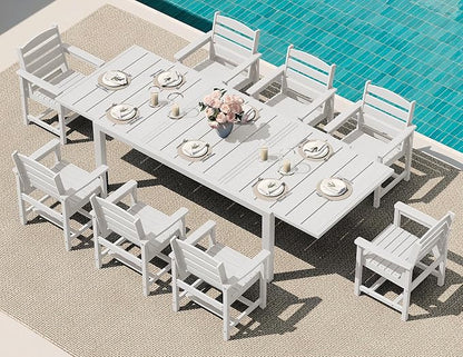 SERWALL 9-Piece Outdoor Dining Set, 60" - 83" Expandable Outdoor Dining Table and 8 HDPE Chairs, All Weather HDPE Outdoor Furniture Set for Backyard, Garden, White