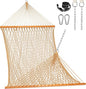Lazy Daze Hammocks Double Rope Hammock, 2 Person Traditional Outdoor Hand Woven Cotton Rope Hammock with Spreader Bar, Carabiners, Tree Straps, Chains for Patio Yard - Max 450 Lbs, Tan
