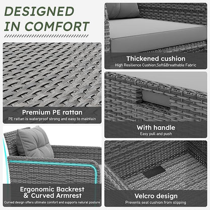 LHBcraft Balcony Furniture 5 Piece Patio Chairs Conversation Set, PE Wicker Rattan Outdoor Lounge Chairs with Soft Cushions 2 Ottoman-Glass Table for Porch, Charcoal