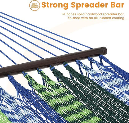 Lazy Daze Hammocks 10.5 FT Double 2 Person Caribbean Rope Hammock, Hand Woven Polyester Hammock with Spreader Bars, for Outside Outdoor Backyard Patio Poolside, 450 LBS Capacity, Blue/Green