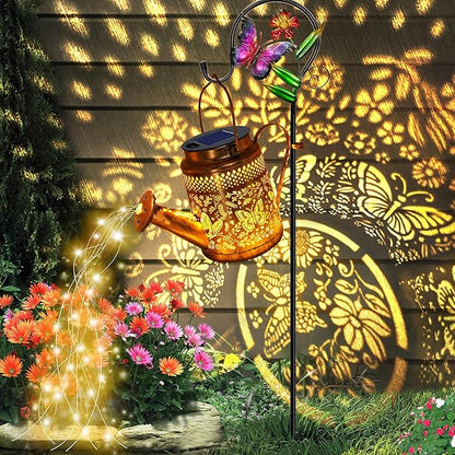 Solar Powered Butterfly Watering Can Lights Waterproof Outdoor Garden Decor with Shepherd Hook Hanging Patio Lights for Yard, Porch, Backyard Perfect Gardening & Christmas Gift for Women, Mom, Grandma