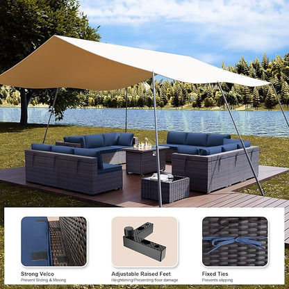 Kullavik 15 Pieces Outdoor Patio Furniture Set with 43" 55000BTU Gas Propane Fire Pit Table PE Wicker Rattan Sectional Sofa Patio Conversation Sets,Navy Blue