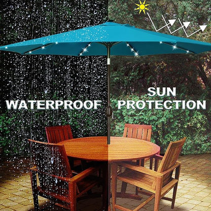 Blissun 9 ft Solar Umbrella 32 LED Lighted Patio Umbrella Table Market Umbrella with Tilt and Crank Outdoor Umbrella for Garden, Deck, Backyard, Pool and Beach (Cerulean)
