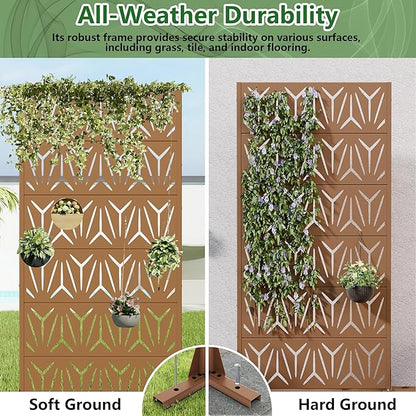 Casaphoria Metal Privacy Screen Outdoor, 72" H x 35" W Freestanding Decorative Privacy Screen for Patio Deck Balcony Garden with Stable Base, Brown-Star