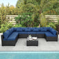 9 Pieces Outdoor Sectional All-Weather Wicker Patio Furniture Set Patio Sectional and Glass Patio Table Non-Slip Cushions and Waterproof Covers, Navy Blue