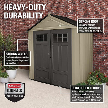 Rubbermaid Resin Outdoor Storage Shed With Floor (7 x 3.5 Ft) Weather Resistant, Brown Gable, Organization for Home/Backyard/Garden Tools/Lawn Mower/Bike Storage/Pool Supplies