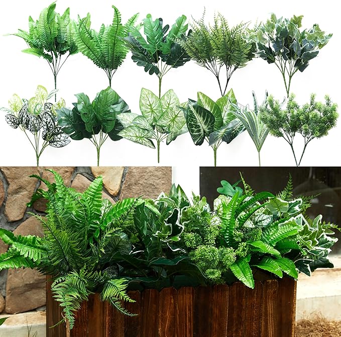 Artificial Greenery Bundle, 14 Bunches, 11 Varieties, UV-Resistant Plastic