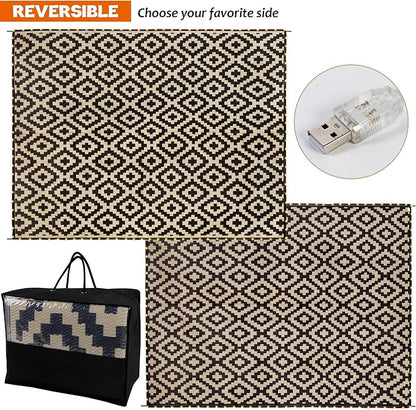 SAND MINE Reversible Mats with Led Strip Lights, Plastic Straw Rug, Modern Area Rug, Large Floor Mat for Outdoors, Patio, Backyard, Deck, Picnic, Camping, Black & Beige, 8' x 10'